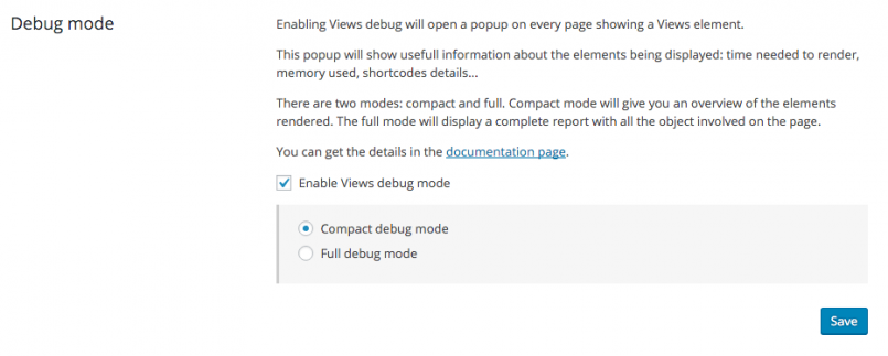 Views settings - Debug mode
