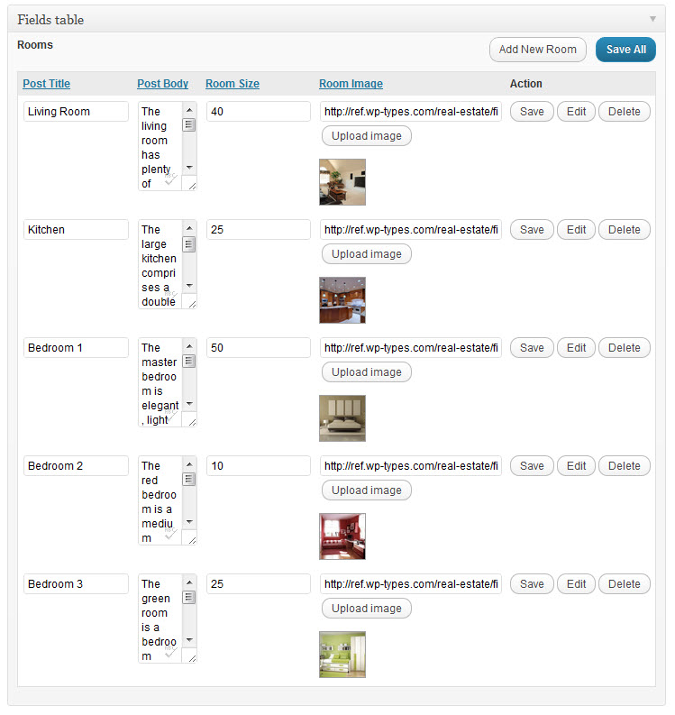 tabla de campos completada una tabla de campos con 5 filas de contenido: cada ítem de contenido es un tipo de entrada de habitación (room) individual