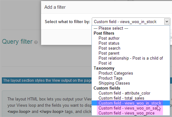 View Query filter - WooCommerce fields