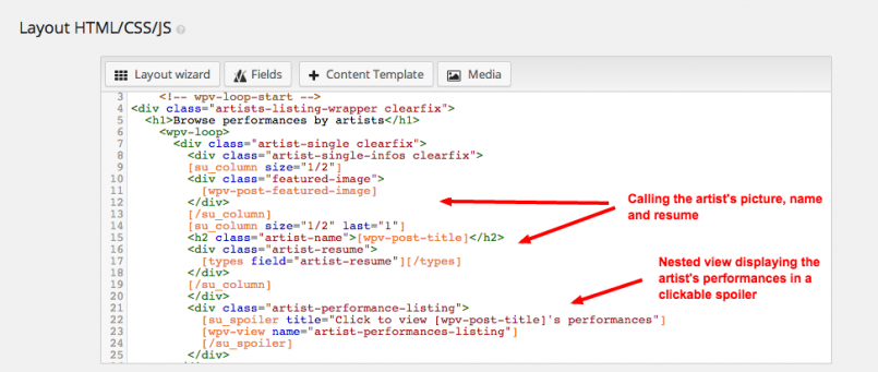 The Layout HTML/CSS/JS section of the ‘Performances by artist’ View - the View behind the aos-music.com/our-artists page