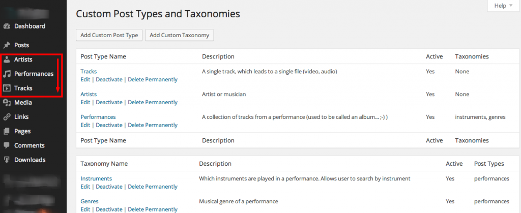 Custom Post Types used in aos-music.com site. The red arrow illustrates how they make the hierarchical structure together.