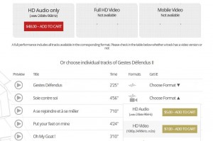 Performances and tracks are displayed for online sale