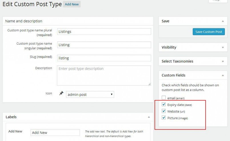 Example 18: The Types plugin. Choosing custom fields to be displayed as columns.