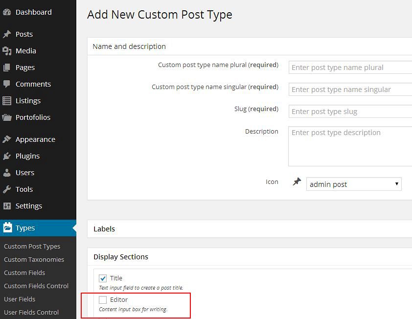  Example 8: The Types plugin—Switching off the Editor field for Custom Post Types.
