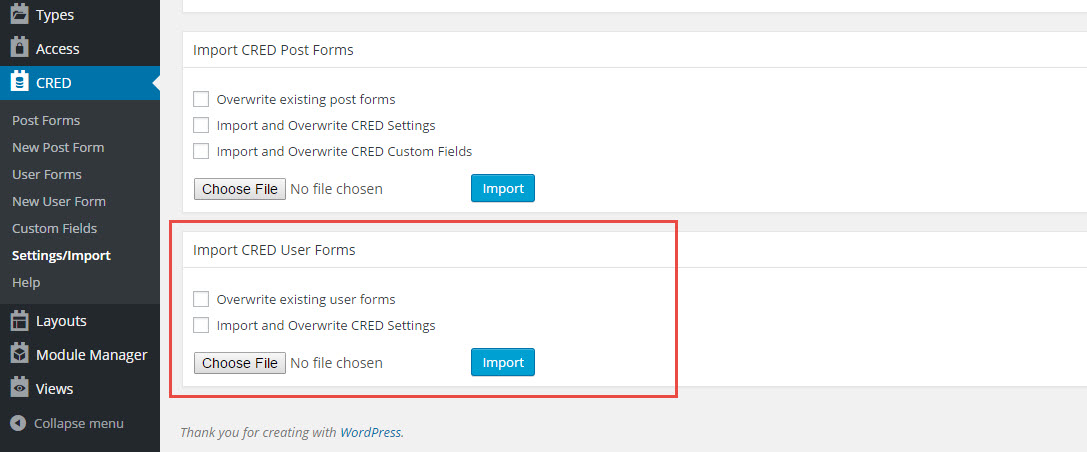 Importing of CRED User Forms from the CRED Settings/Import page