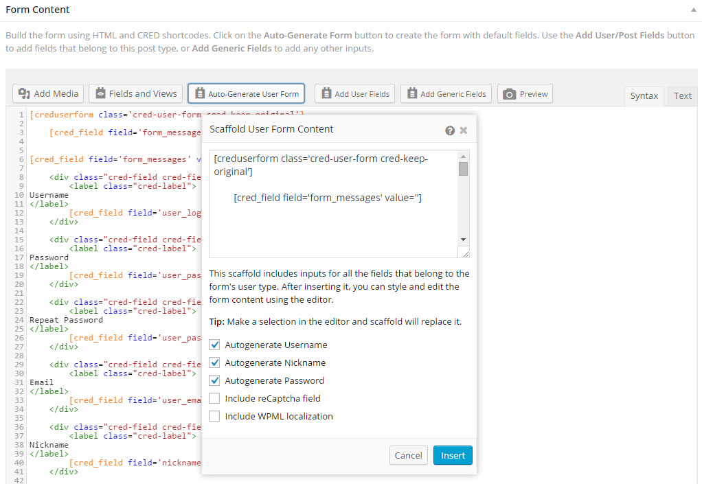 CRED User Forms Auto-generate Dialog