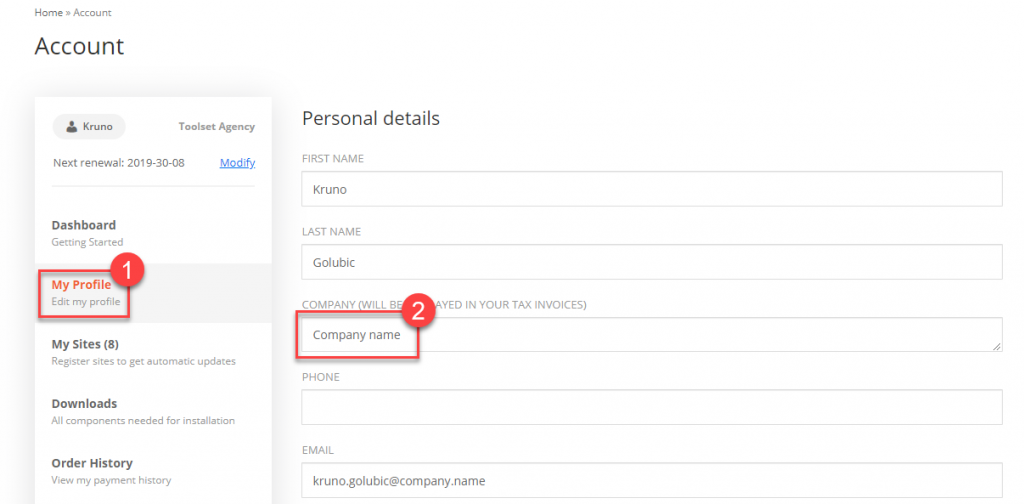 Your Toolset account page