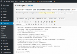 Single property in the WordPress backend - Portuguese version