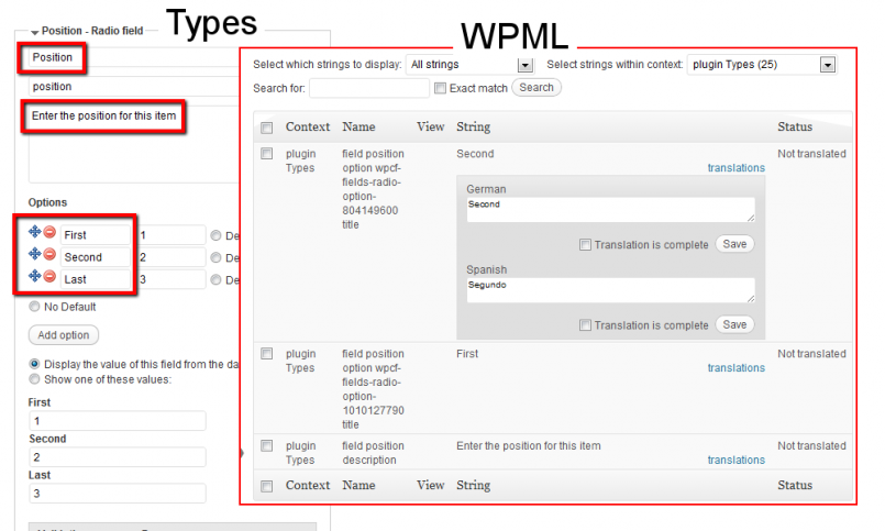 Translation options defined with the Types plugin (left side of the image) with WPML (right side of the image)