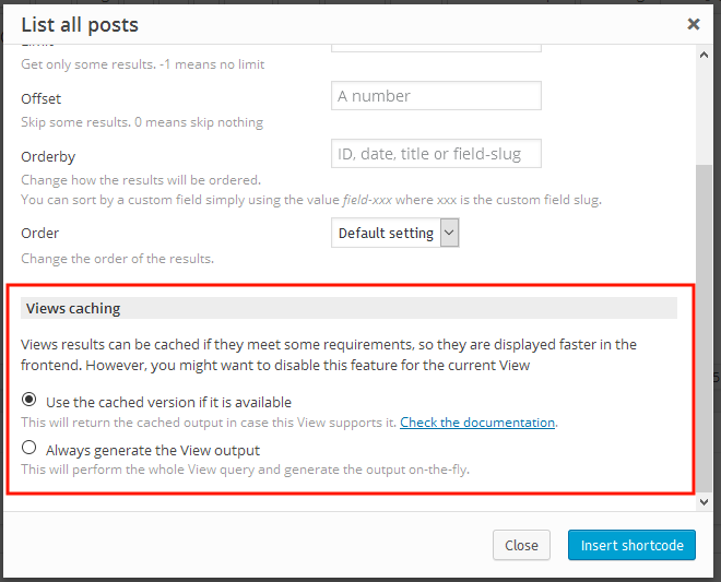 Views Output Caching Settings