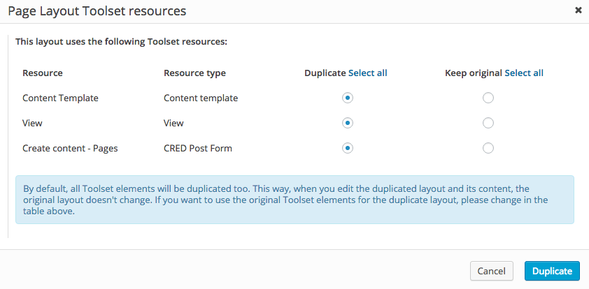 Layouts - layout duplication dialog
