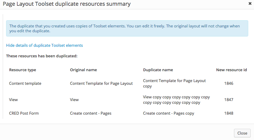 Layouts duplication summary