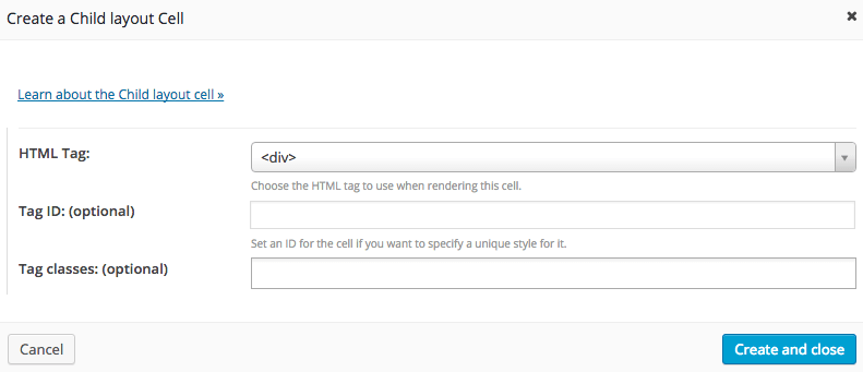 Layouts - New Child Cell Dialog
