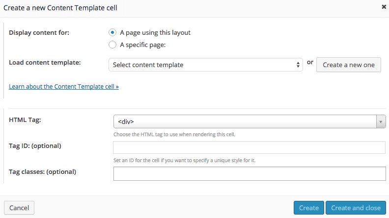 Layouts - New Content Template cell Dialog