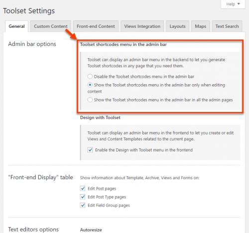 Toolset shortcodes menu options on the Toolset Settings page