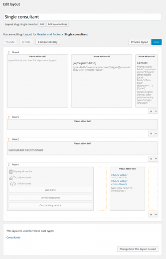 Single Consultant page created with Toolset Layouts (back-end)