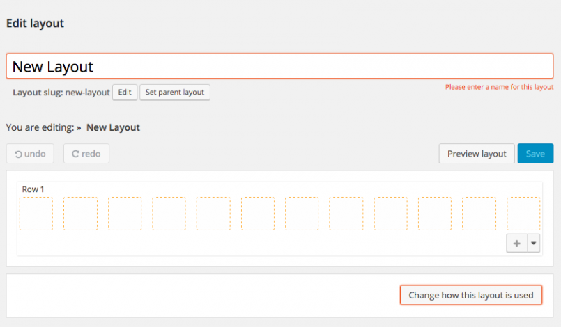 The editor page for newly created layout