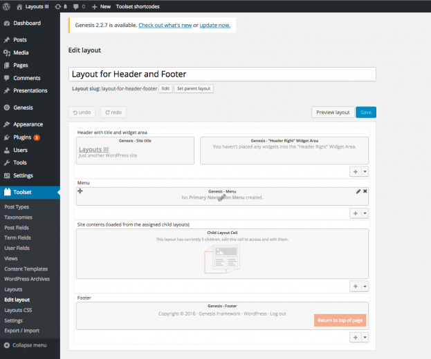 Integrated Layouts menu elements in the Toolset menu