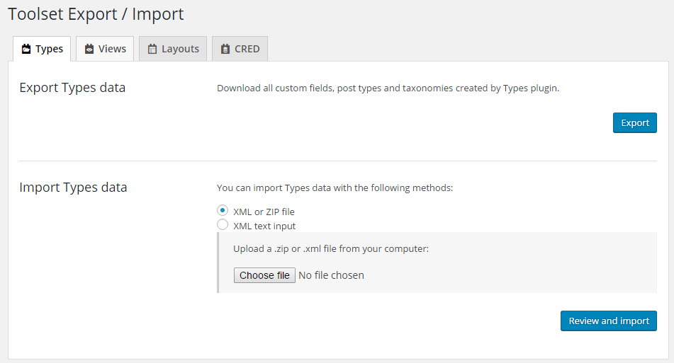 Export/import screens with tabs per plugin