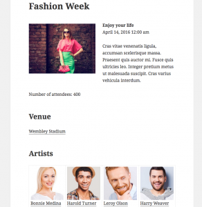 When visiting a single event page you can see the link to its venue and all the artists performing in that event - see live example