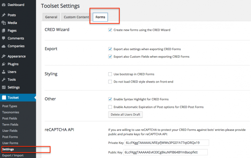 Toolset setting, CRED tab