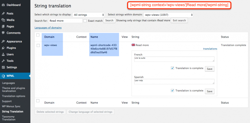 How the “Read more” string appears in the WPML String translation screen