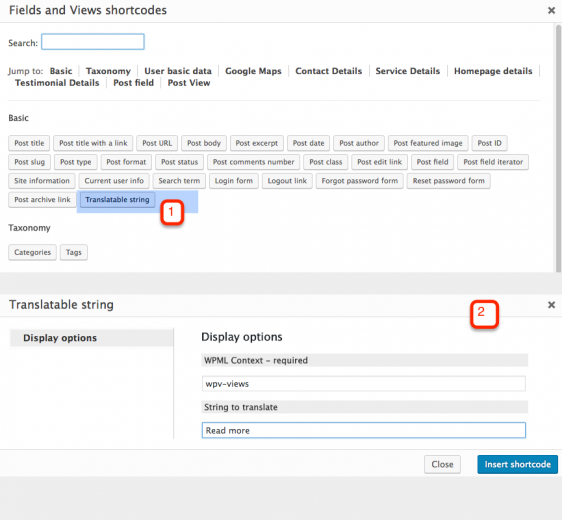 Inserting the wpml-string shortcodes from Toolset GUI