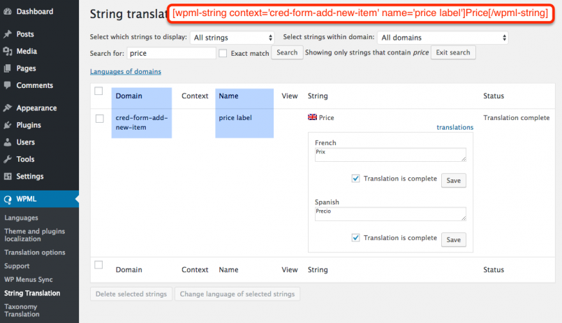 How the “Price” string will appear in the WPML String translation screen