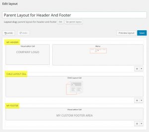 Parent layout in the editor, with a footer, a child layout cell and a footer highlighted.