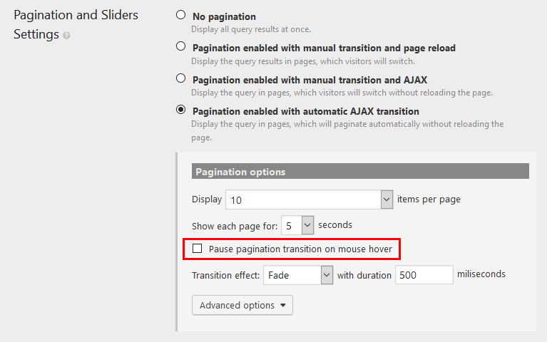 Pause on hover option in automatic AJAX pagination