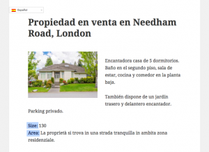 Single house page displayed with a Content Template - Spanish. The content displays in the proper language except for the field labels.