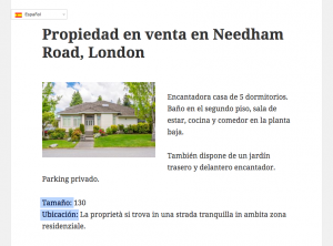 Single house page in Spanish with field labels translated.