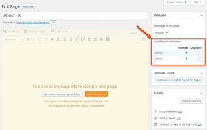 Starting the translation from the page editor’s Language box