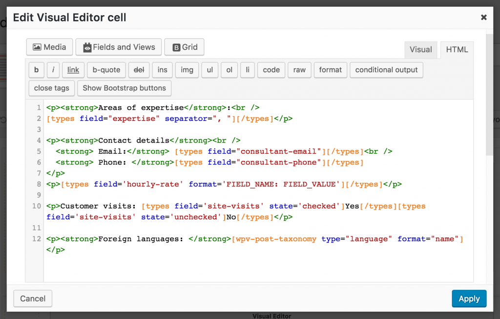 Screenshot of consultant fields in Visual Editor cell