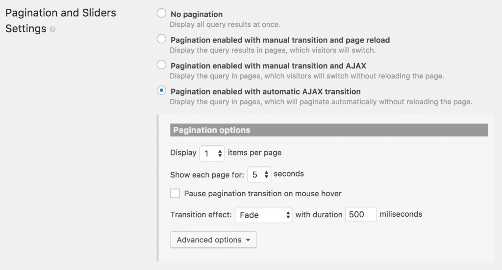 Pagination and slider settings section