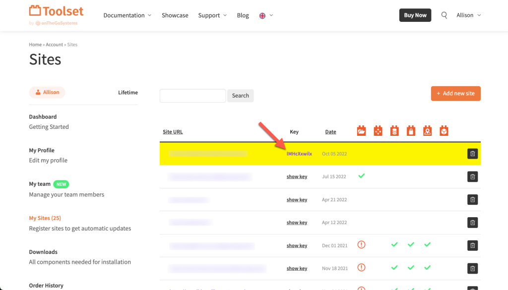 Copying the site key