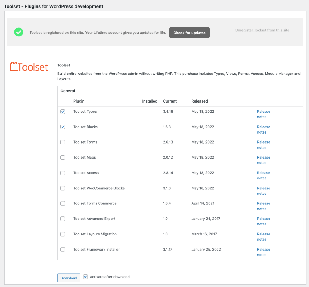 Selecting components, downloading, and activating