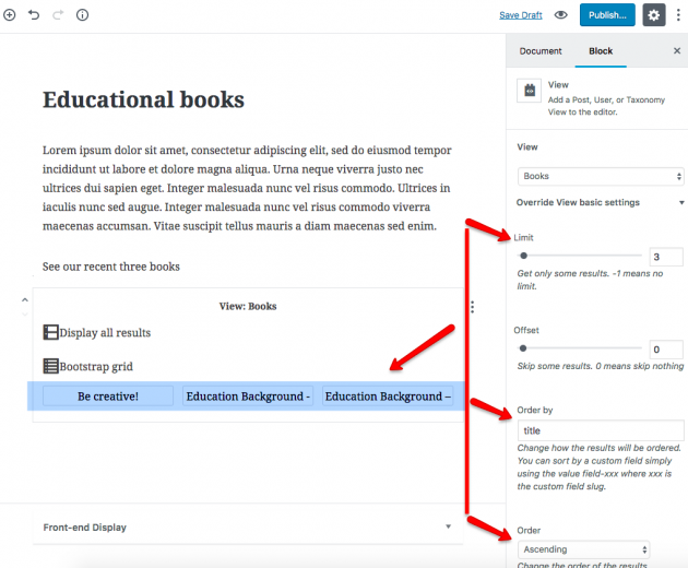 View block displaying “Books.” We limited the number of books displayed to three and changed the default order by using block attributes.