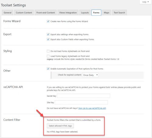 Settings page with the Forms options