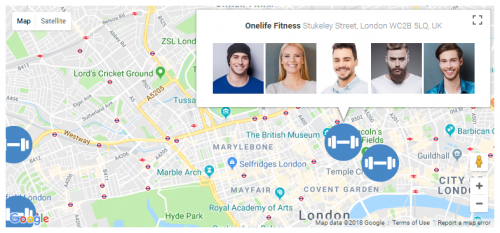 Gym posts listed on a map and a pop-up listing all related trainers