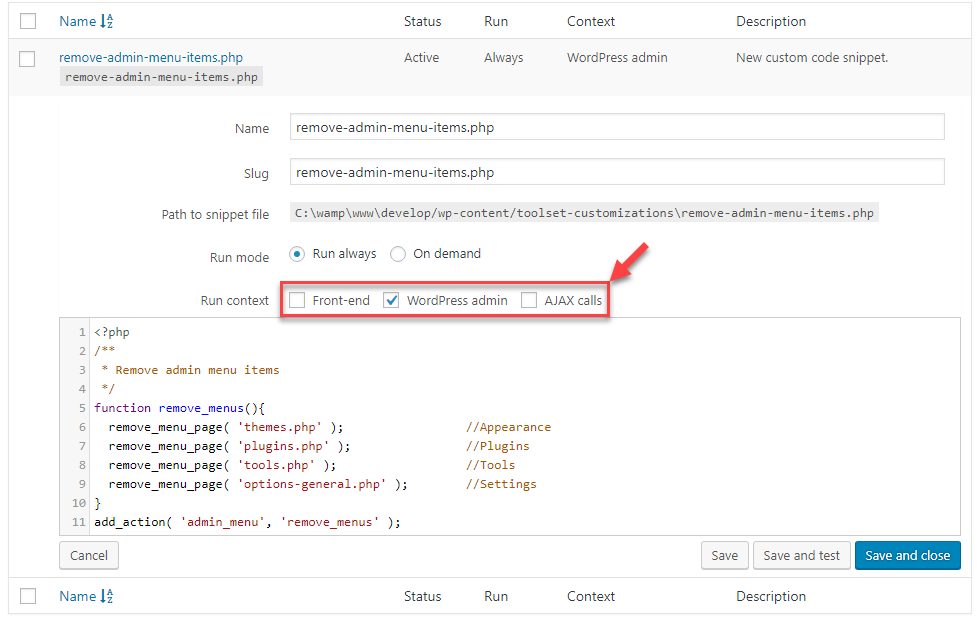 Making the code snippet run only in the WordPress admin