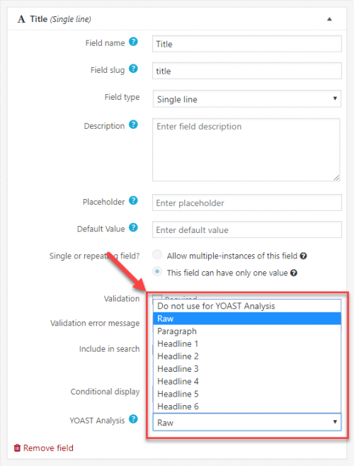 Yoast SEO option for the