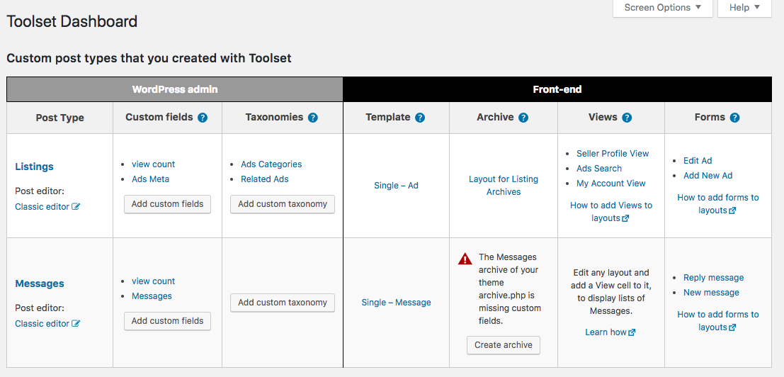 Toolset Dashboard