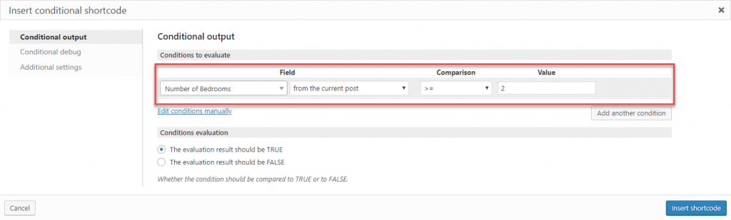 Specify conditions in the GUI fields