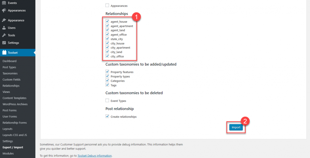 Selecting relationships for importing