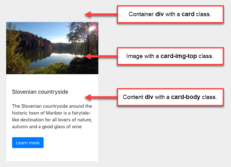 Container and content classes for using Bootstrap 4 card component