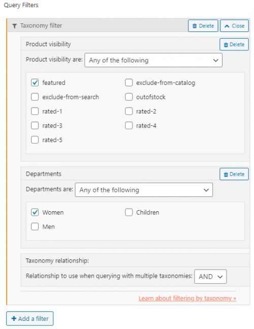Setting the filter options for Product Visibility