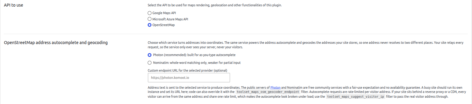 Choose the default service, your own self-hosted instance, or Azure Maps